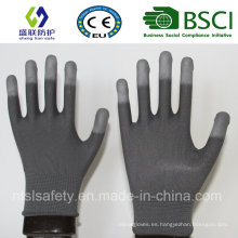 13G Gary Nylon Liner con guantes blancos de seguridad de recubrimiento de la punta del dedo de la PU (SL-PU205G)